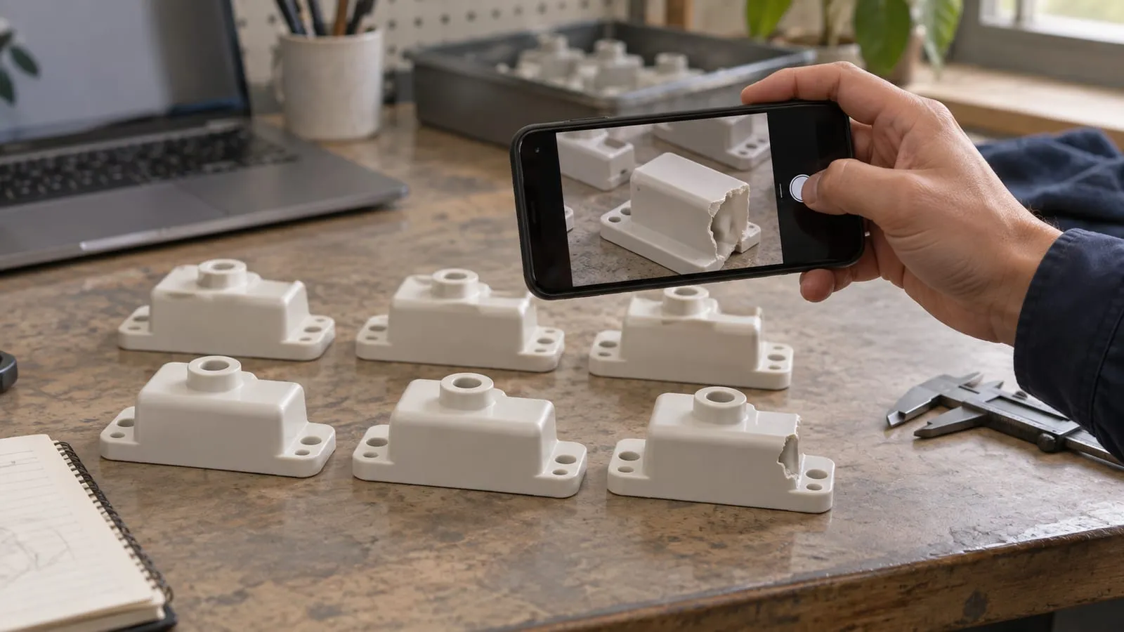 A phone camera framing a row of moulded plastic parts on a workbench; the part in the viewfinder has a chipped edge.